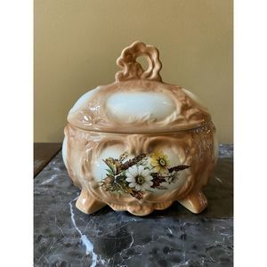 Vintage Ceramic Egg Bowl With Lid Brown White Floral Retro candy Dish‎